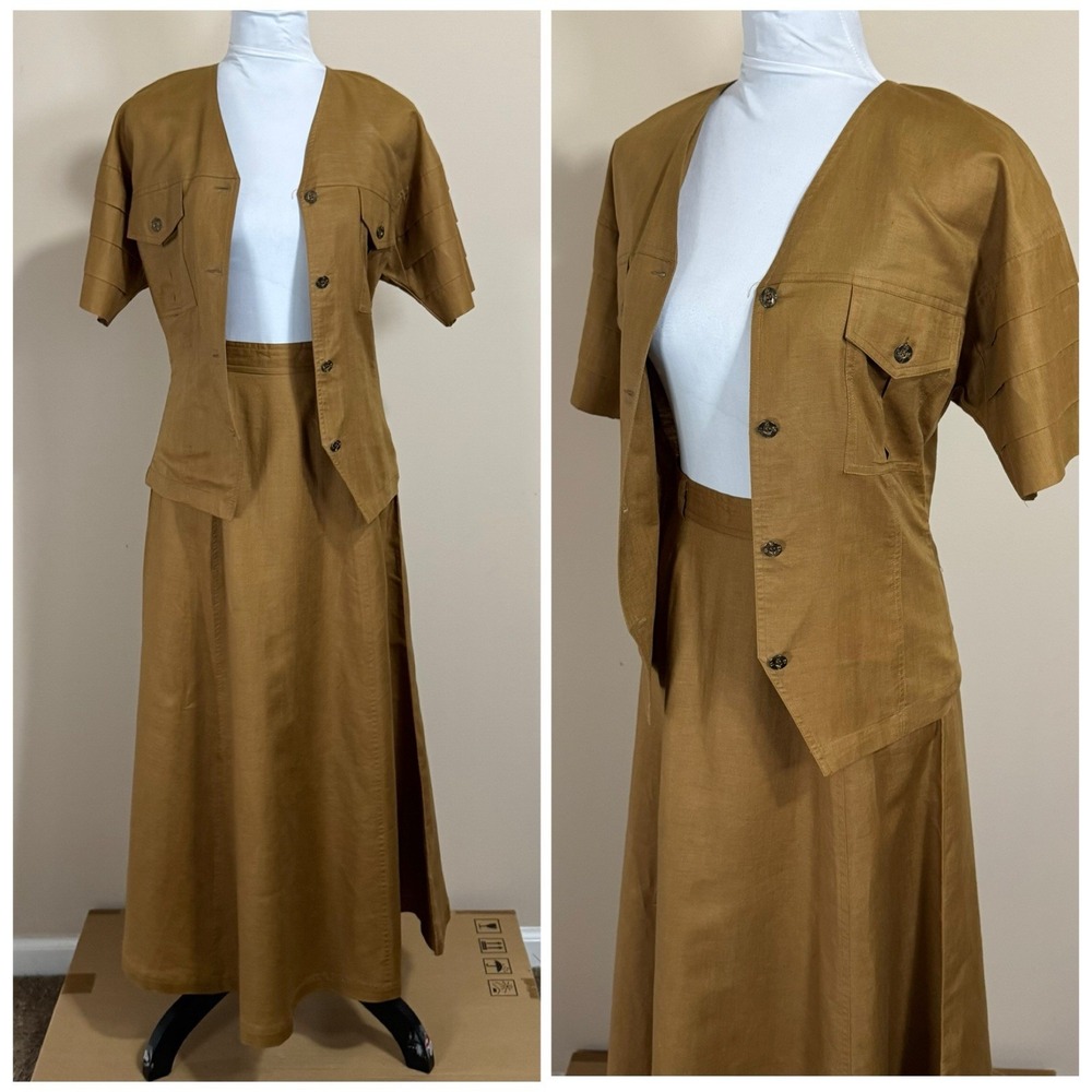 Vintage Apart Camel Brown Linen Maxi Skirt Set Size 4 XS XXS Safari Boho Neutral - Picture 2 of 16